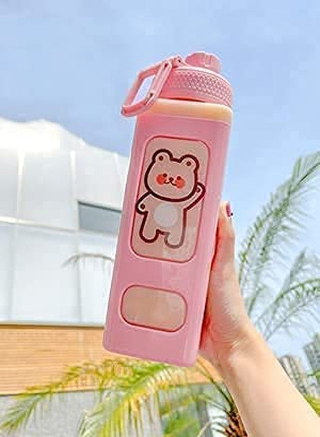 Manibam Impex Kawaii Water Bottle for Girls, Cute Kids Water Bottles with Straw, Carton Water Jug Large Square Drinking Bottle, Portable Leakproof Aesthetic Water Cup + 3D Stickers (Pink) - Image 3